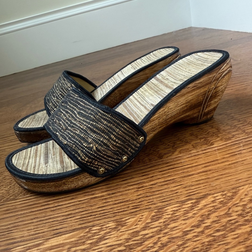 Carved Wooden Slides Clogs Summer Shoes Wedges Heels Woven Retro Sandals 7.5 8